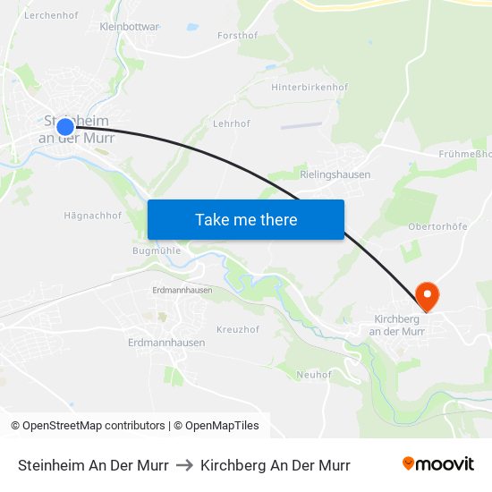 Steinheim An Der Murr to Kirchberg An Der Murr map
