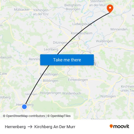 Herrenberg to Kirchberg An Der Murr map