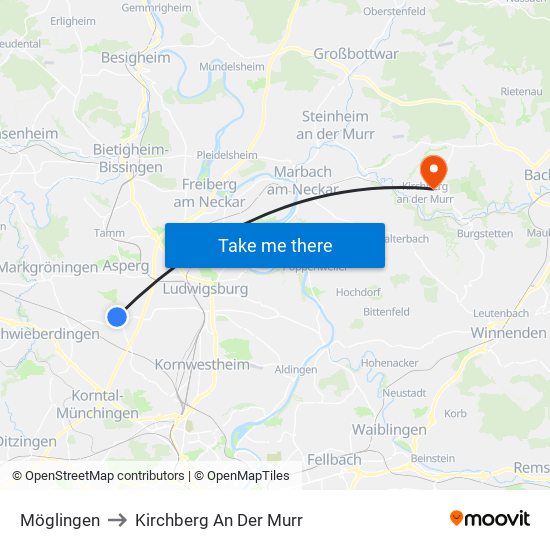 Möglingen to Kirchberg An Der Murr map