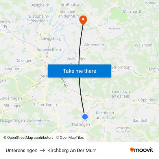 Unterensingen to Kirchberg An Der Murr map