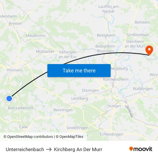 Unterreichenbach to Kirchberg An Der Murr map