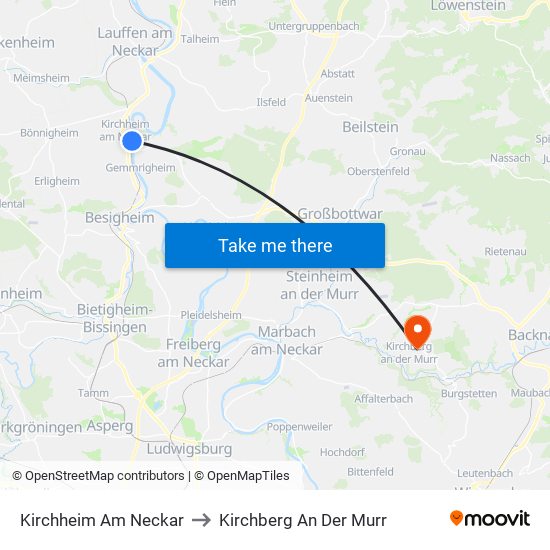 Kirchheim Am Neckar to Kirchberg An Der Murr map