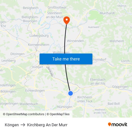 Köngen to Kirchberg An Der Murr map