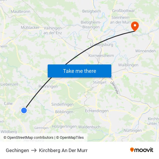 Gechingen to Kirchberg An Der Murr map