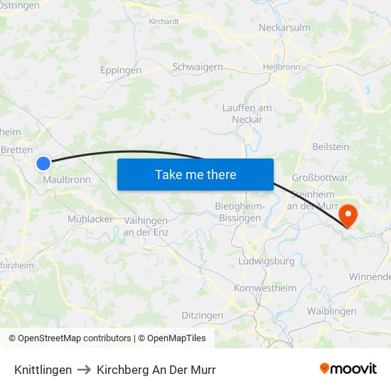 Knittlingen to Kirchberg An Der Murr map