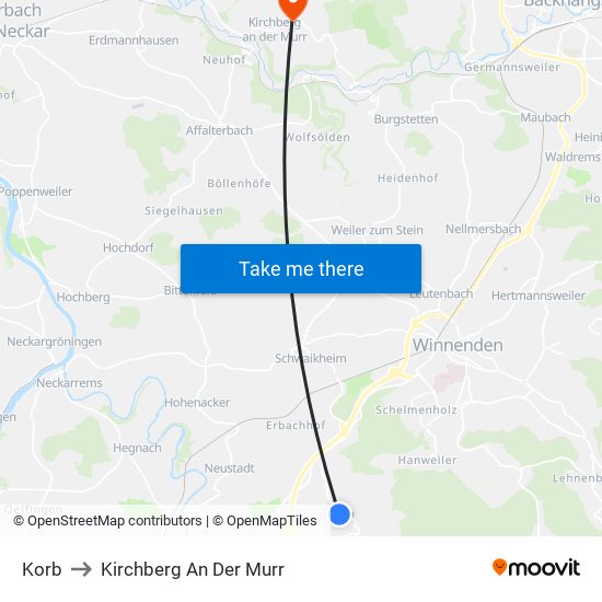 Korb to Kirchberg An Der Murr map