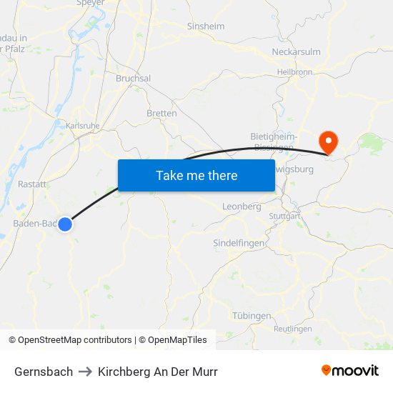 Gernsbach to Kirchberg An Der Murr map