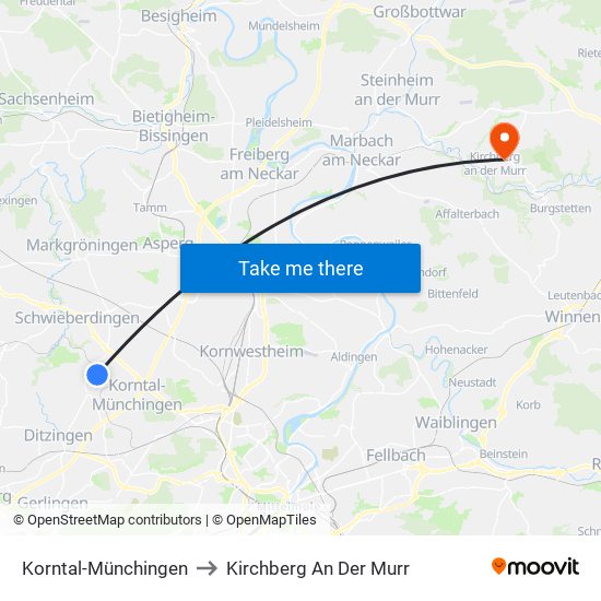 Korntal-Münchingen to Kirchberg An Der Murr map