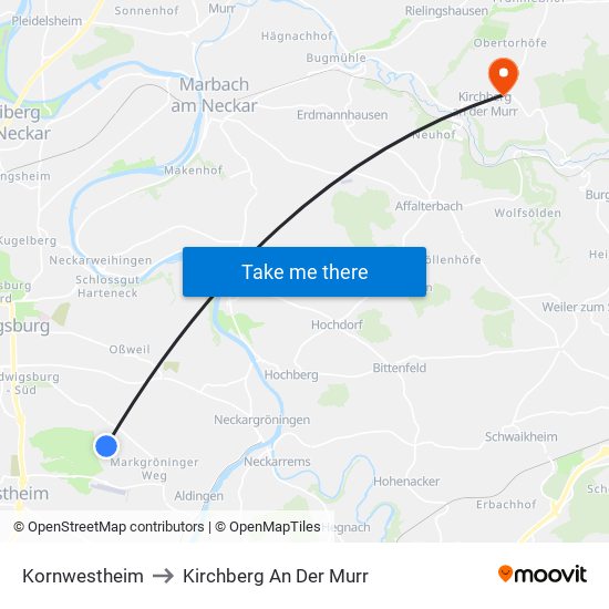 Kornwestheim to Kirchberg An Der Murr map