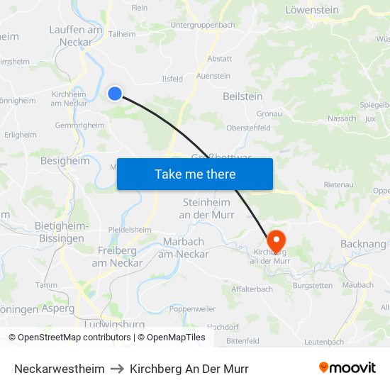 Neckarwestheim to Kirchberg An Der Murr map