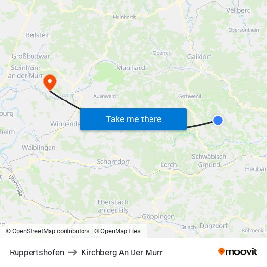 Ruppertshofen to Kirchberg An Der Murr map