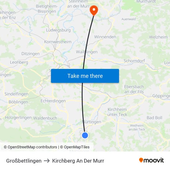 Großbettlingen to Kirchberg An Der Murr map