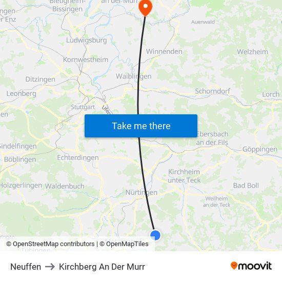 Neuffen to Kirchberg An Der Murr map