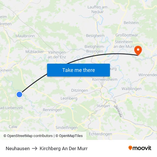Neuhausen to Kirchberg An Der Murr map