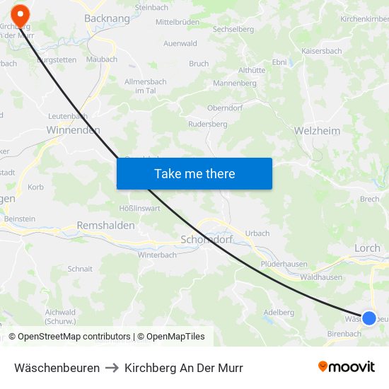 Wäschenbeuren to Kirchberg An Der Murr map