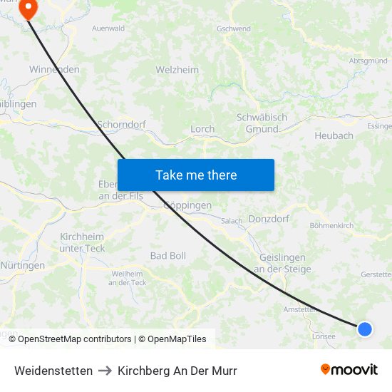 Weidenstetten to Kirchberg An Der Murr map