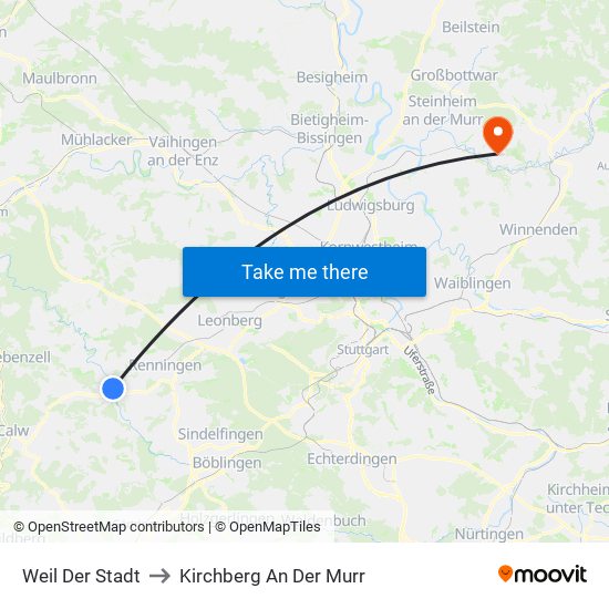 Weil Der Stadt to Kirchberg An Der Murr map