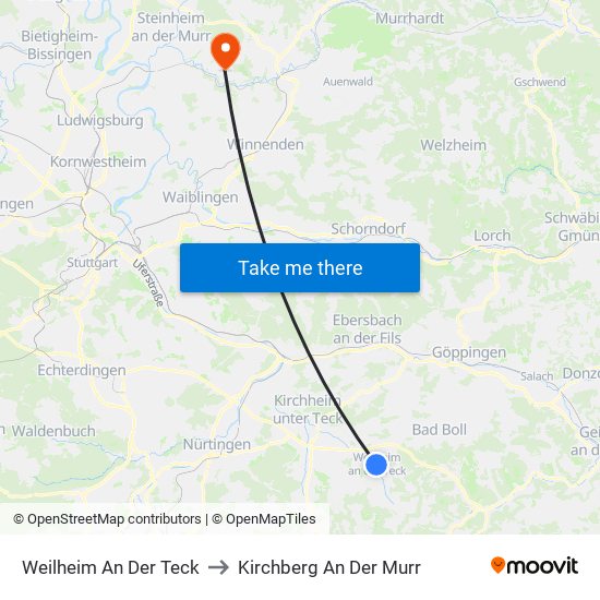 Weilheim An Der Teck to Kirchberg An Der Murr map