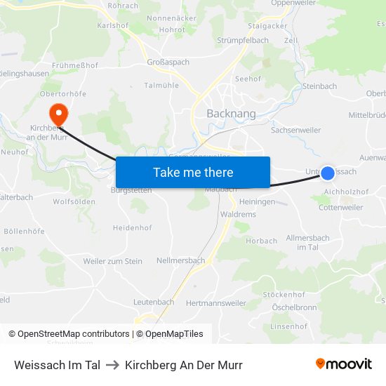 Weissach Im Tal to Kirchberg An Der Murr map