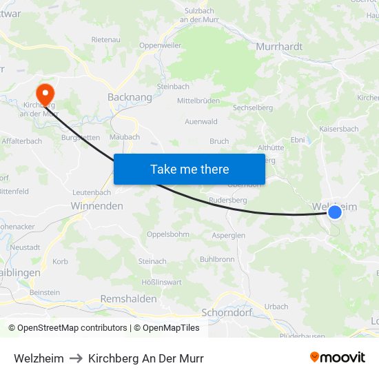 Welzheim to Kirchberg An Der Murr map