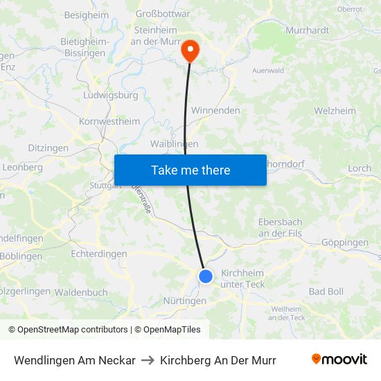 Wendlingen Am Neckar to Kirchberg An Der Murr map