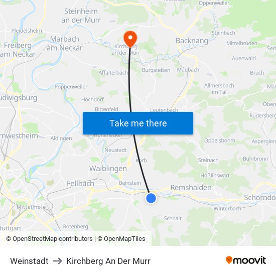 Weinstadt to Kirchberg An Der Murr map