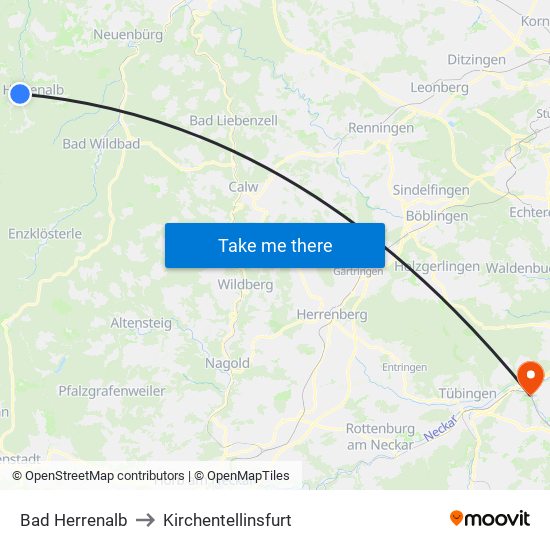 Bad Herrenalb to Kirchentellinsfurt map