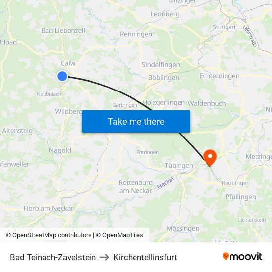 Bad Teinach-Zavelstein to Kirchentellinsfurt map