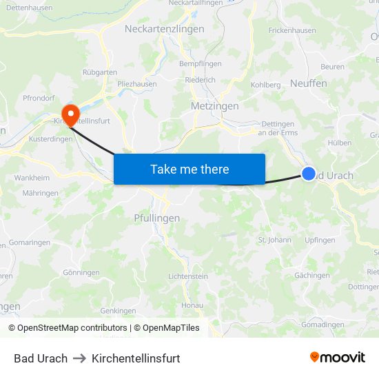 Bad Urach to Kirchentellinsfurt map