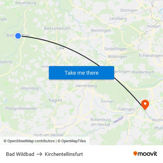 Bad Wildbad to Kirchentellinsfurt map