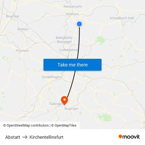 Abstatt to Kirchentellinsfurt map