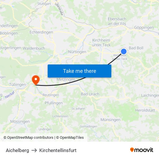 Aichelberg to Kirchentellinsfurt map