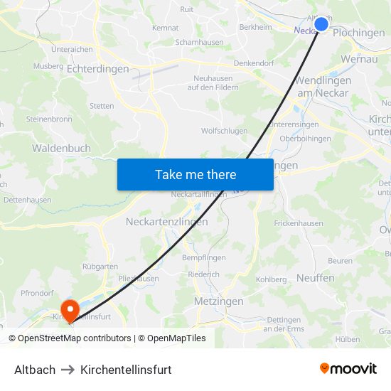 Altbach to Kirchentellinsfurt map