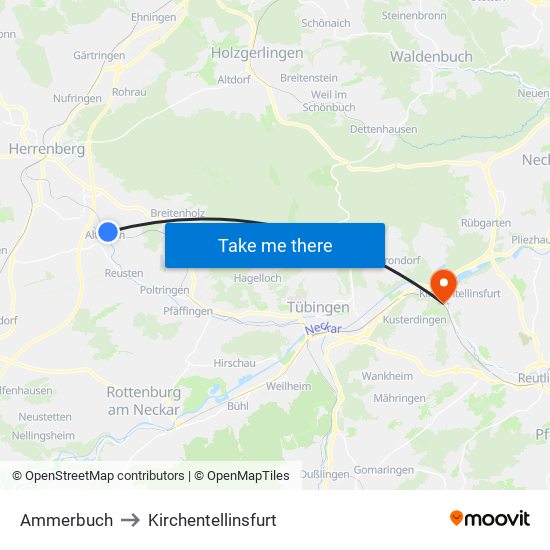 Ammerbuch to Kirchentellinsfurt map