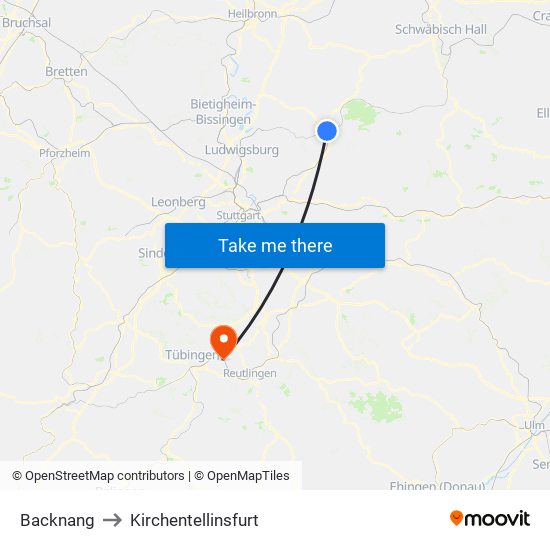 Backnang to Kirchentellinsfurt map