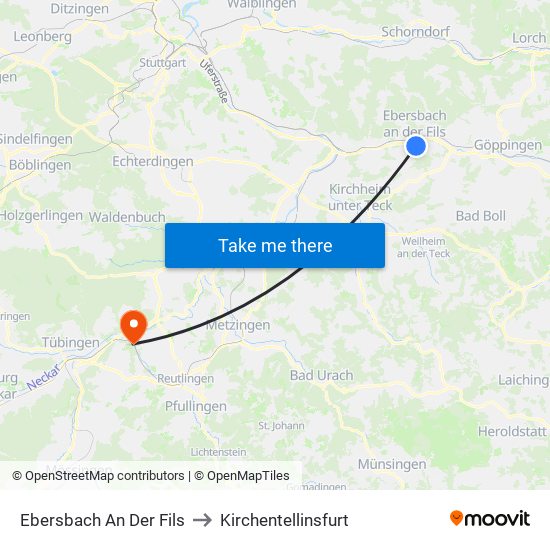 Ebersbach An Der Fils to Kirchentellinsfurt map