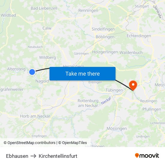 Ebhausen to Kirchentellinsfurt map