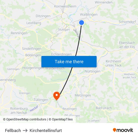 Fellbach to Kirchentellinsfurt map