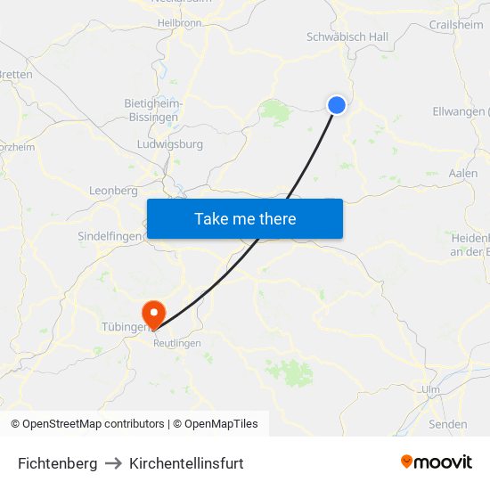 Fichtenberg to Kirchentellinsfurt map