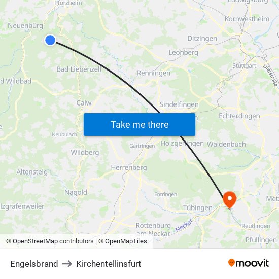 Engelsbrand to Kirchentellinsfurt map