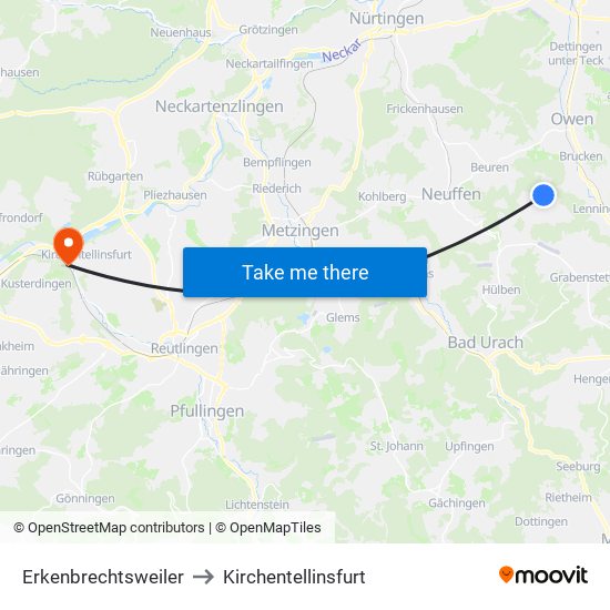 Erkenbrechtsweiler to Kirchentellinsfurt map