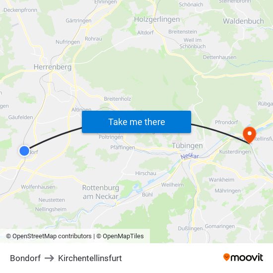 Bondorf to Kirchentellinsfurt map