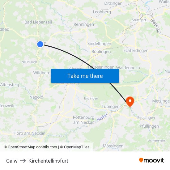 Calw to Kirchentellinsfurt map