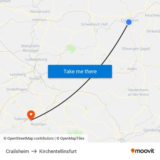 Crailsheim to Kirchentellinsfurt map