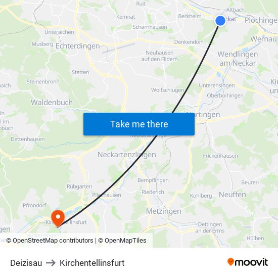 Deizisau to Kirchentellinsfurt map