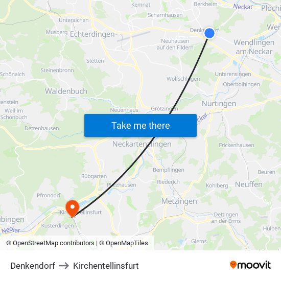 Denkendorf to Kirchentellinsfurt map