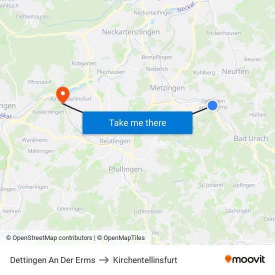 Dettingen An Der Erms to Kirchentellinsfurt map