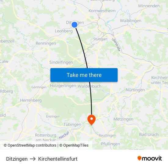 Ditzingen to Kirchentellinsfurt map