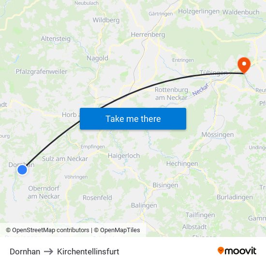 Dornhan to Kirchentellinsfurt map