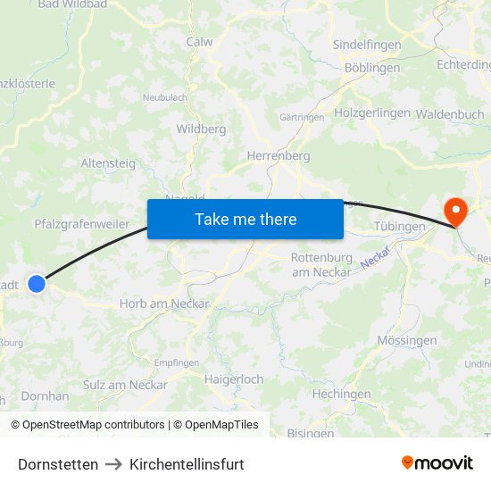 Dornstetten to Kirchentellinsfurt map